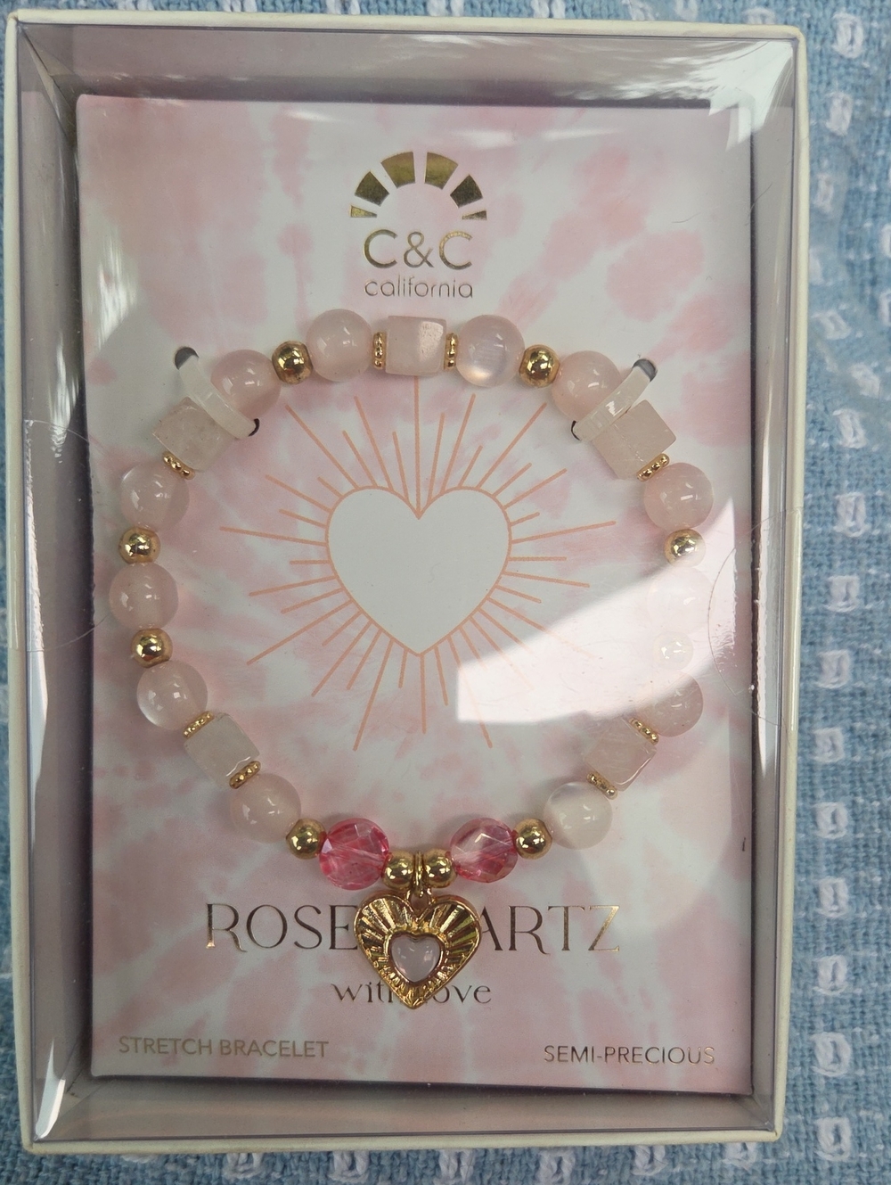C&C California Rose Quartz With Love Stretch Bracelet. NIB.